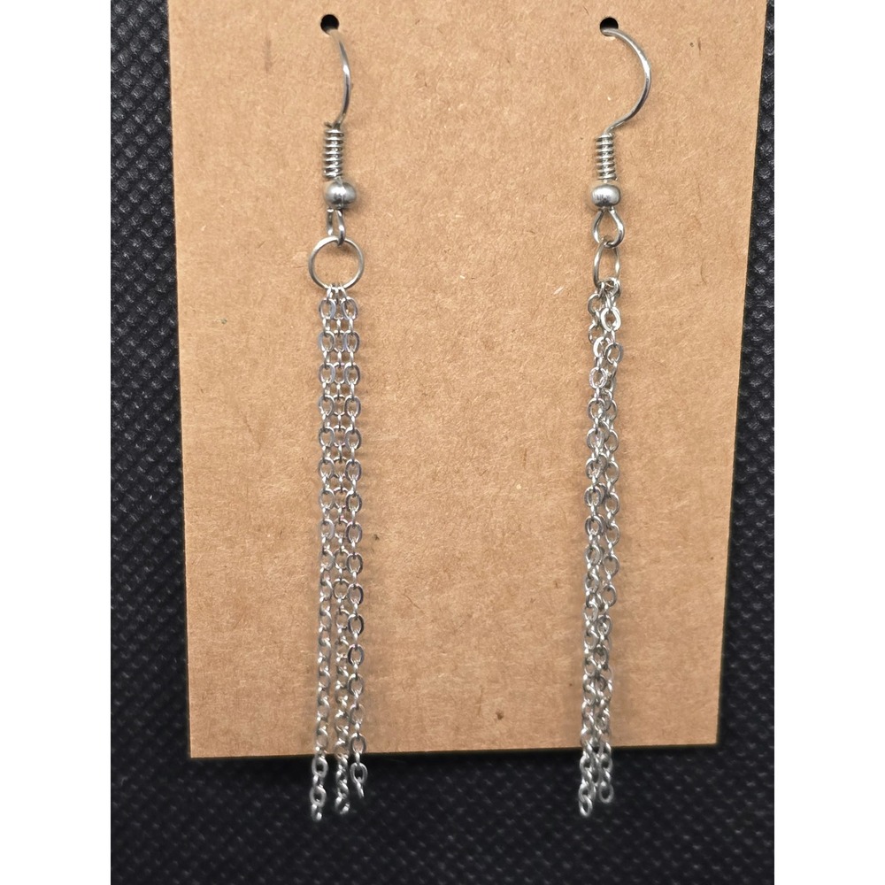 Handmade Silver Tone Triple Chain Dangle Earrings Minimalist Drop Fishhook